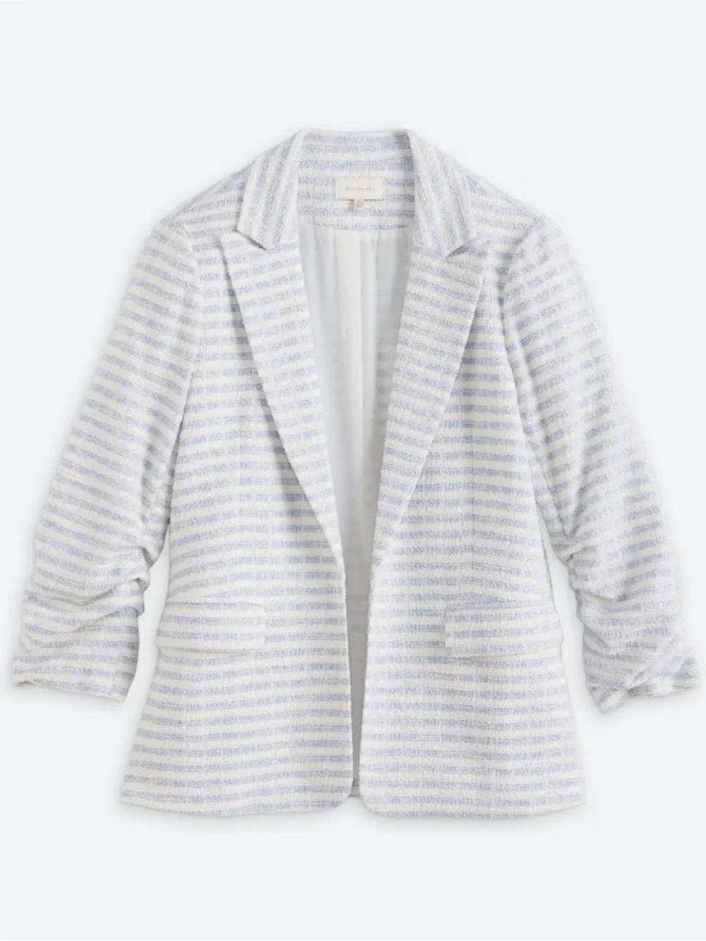 Skies Are Blue Blue & White Striped Tweed Ruched 3/4 Sleeve Blazer - Picture 1 of 5